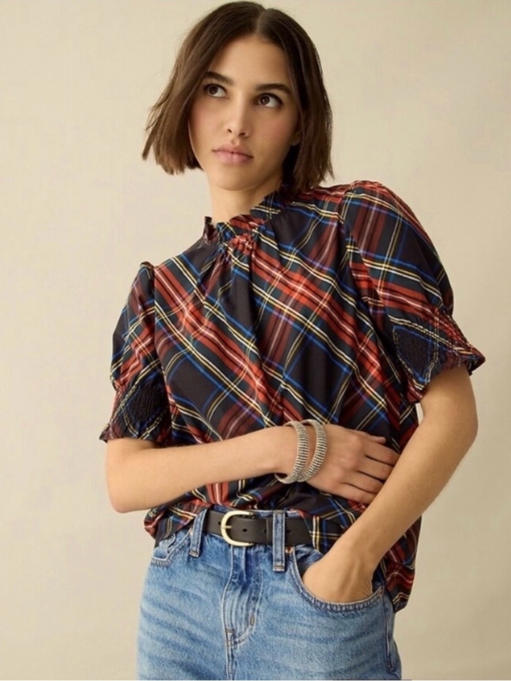 J crew smocked puff sleeve cotton poplin top Stewart tartan